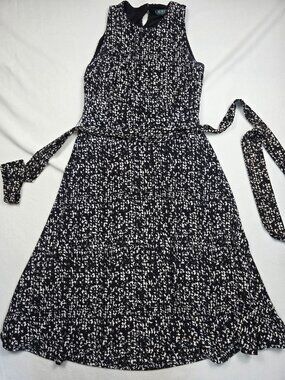Lauren Ralph Lauren Black & White Sleeveless Fit & Flare Dress W/ Tie Waist 8P